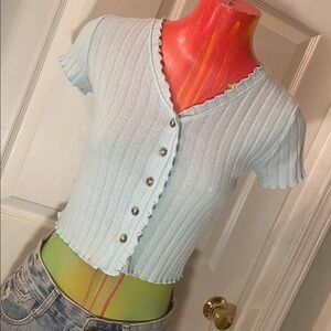 SO Sky Blue Ribbed Button-Down Crop Top